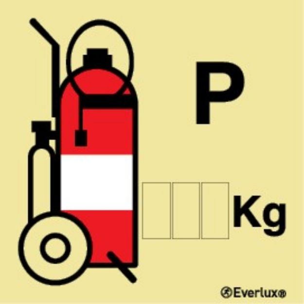 Powder Wheeled fire extinguisher  - This sign can be customized with the extinguisher agent capacity